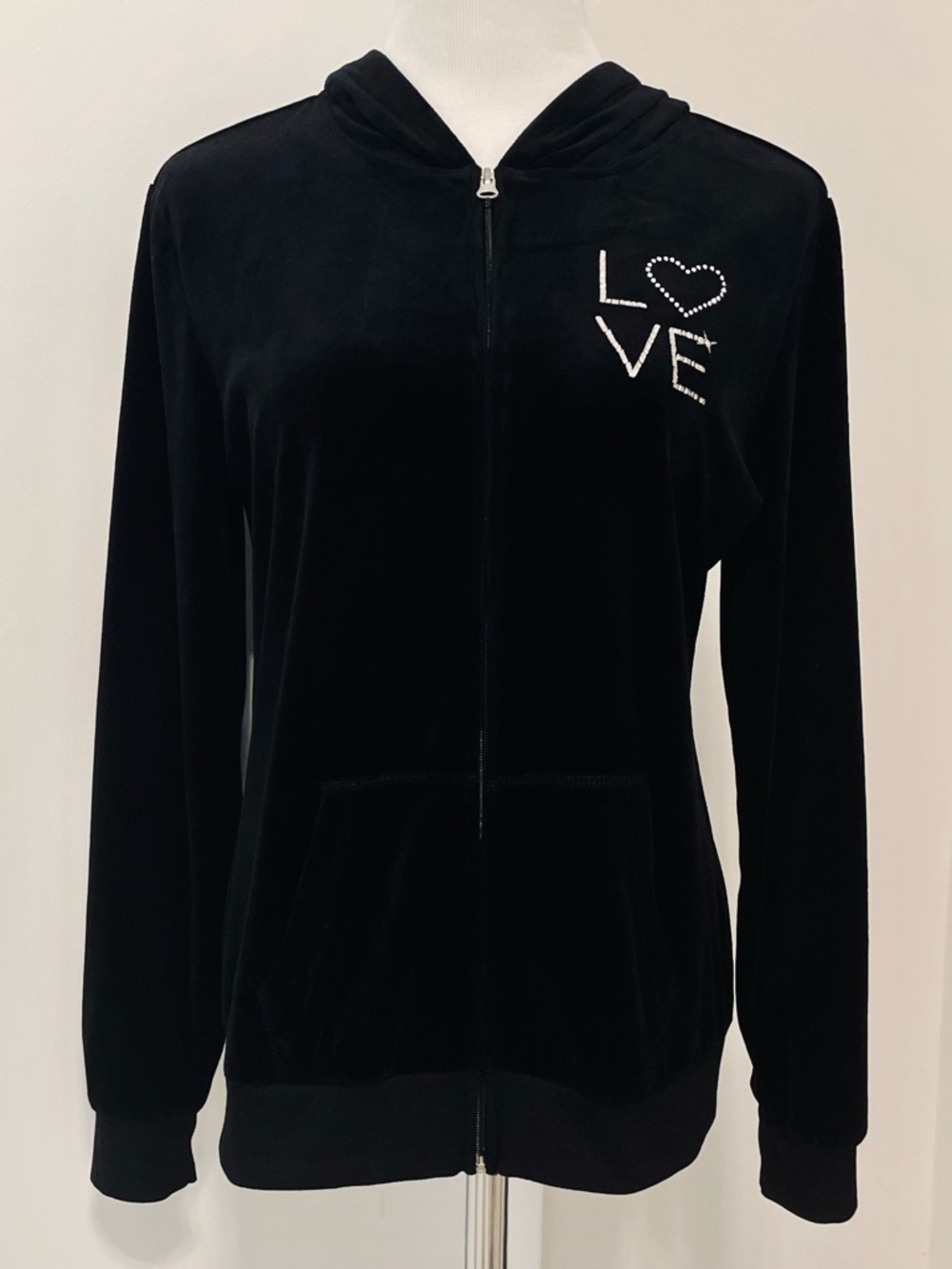 Y2K Hard Candy Black Velour Zip-Up Hoodie with 'LOVE' Rhinestone Detail Size XL